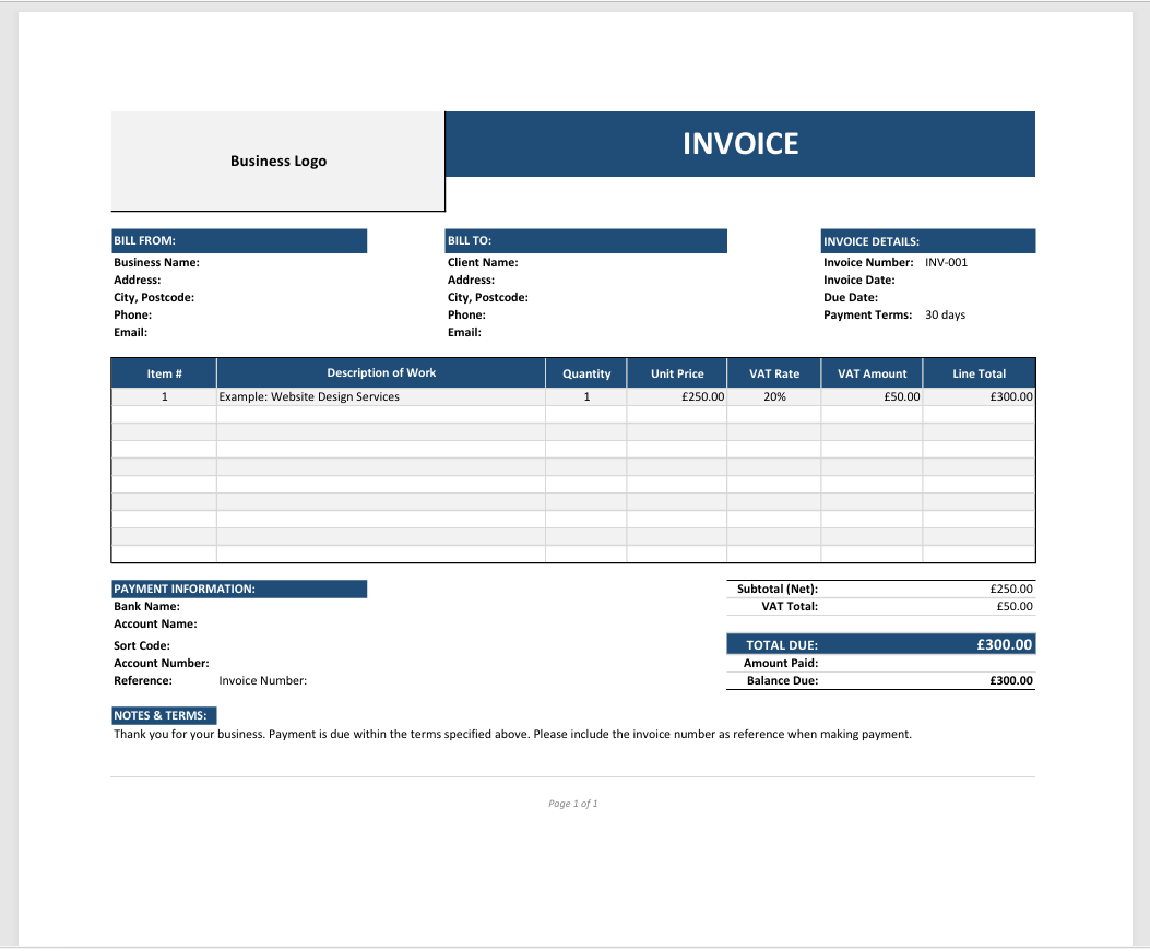 Example of the invoice template layout