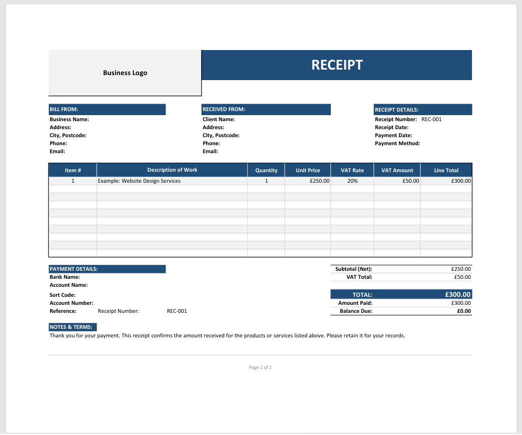 Example of the receipt template layout